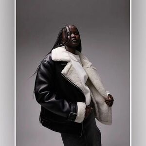 Topshop faux leather shearling aviator biker jacket in black